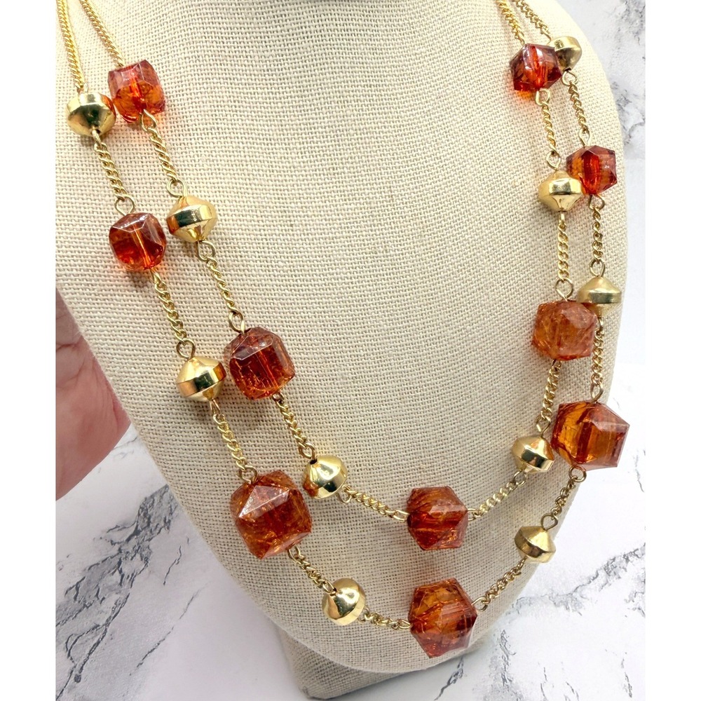 Icing Brand Amber Color Glass Chunk Necklace Gold Tone Layered 16–18" Adjustable